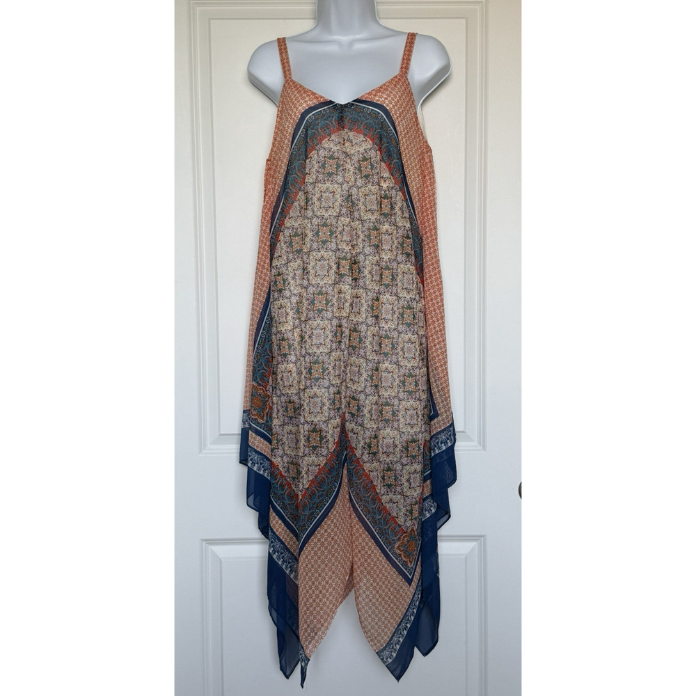 LUXOLOGY Mixed Print Orange Blue Handkerchief Adjustable Strap Sundress Sz 10‎